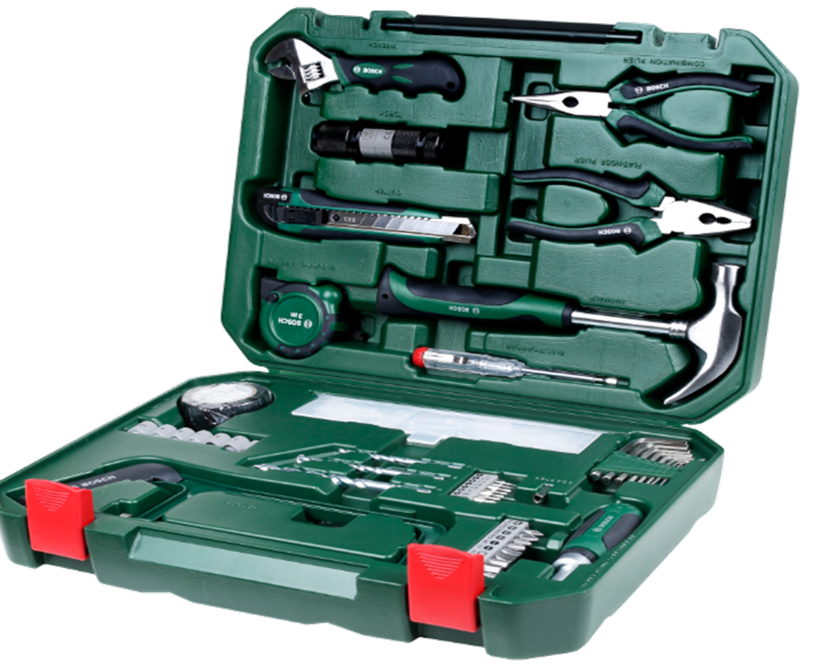 BOSCH	تشكيله من المعدات اليدويه + سنون مفكات + لقم 108 قطعه	2607017372