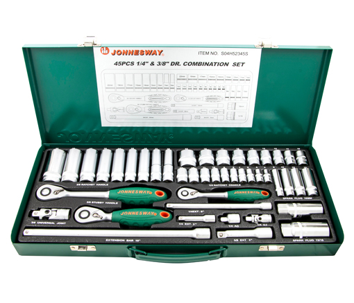 JONNESWAYS04H52345Sطقم لقم رباط كامل 4 : 22 مم + لقم طويلة 1/4 "و 3/8 " - 45 قطعة